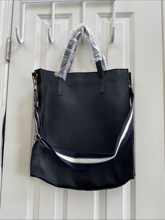 Barneys New York Handbags - Barneys New York Black Pebble Leather Tote with Striped Navy-White Strap